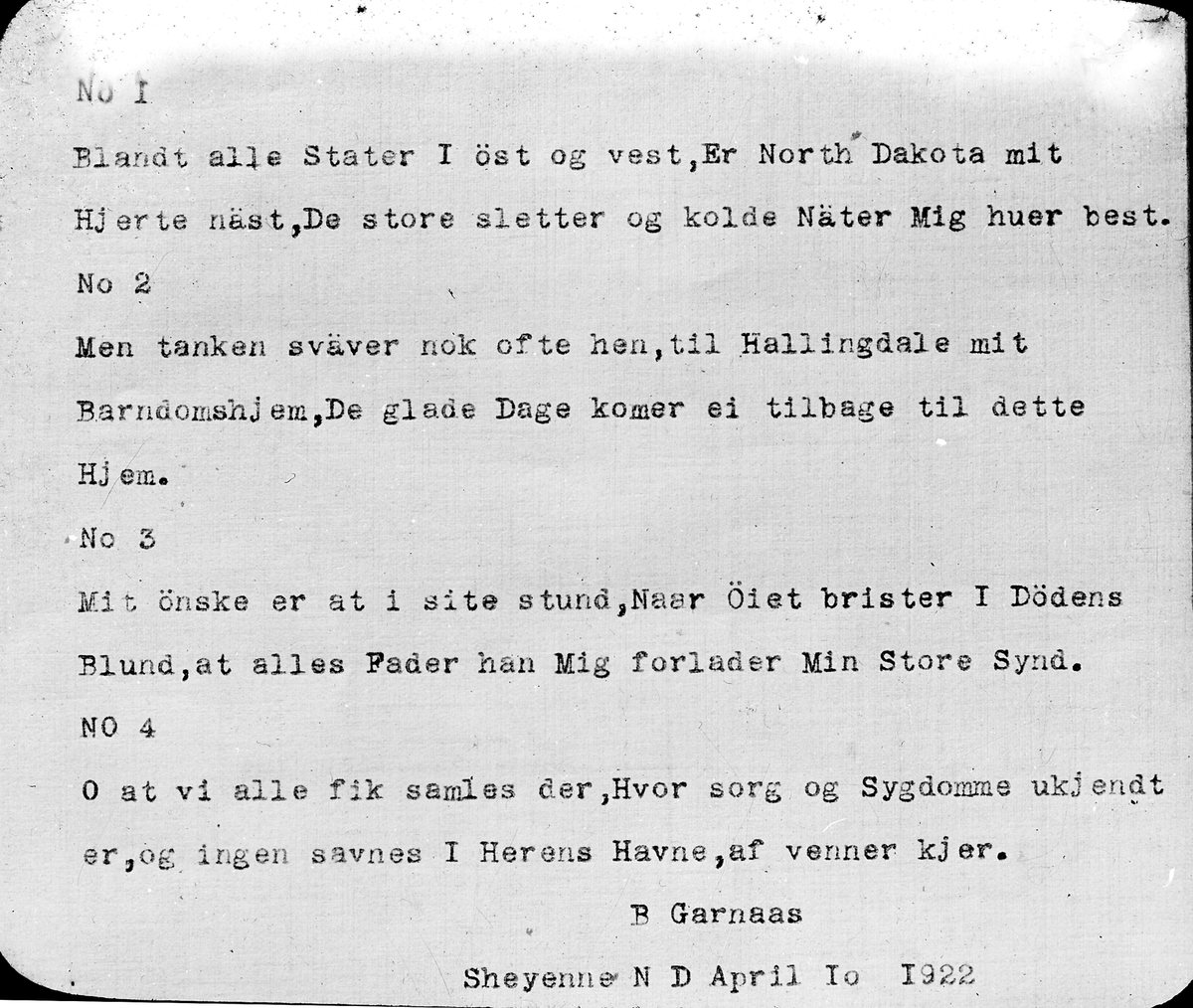 Amerikabilder innsamlet av Syver O Olstad i 1922. Sang skrevet av B Garnaas i april 1922.
