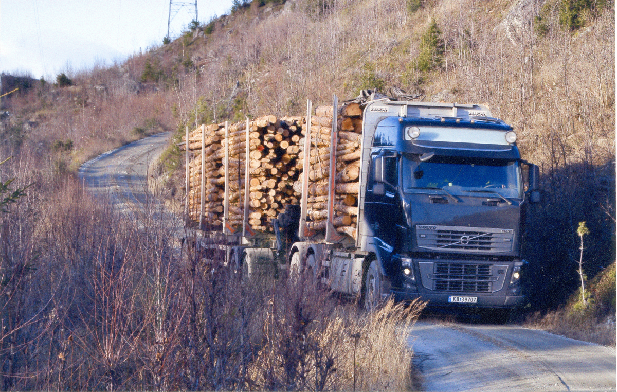 Tømmertransport m/ bil og henger ned fra Kastet
