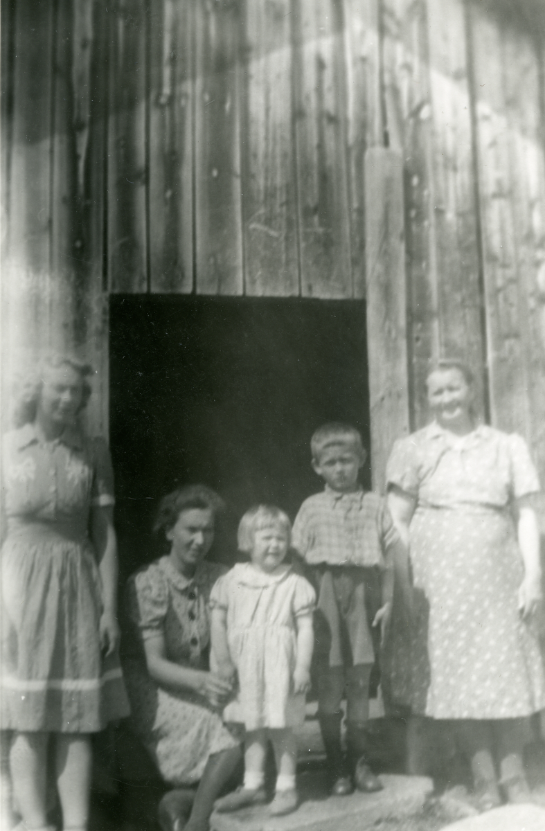 Seter
Bildet er tatt på Foss seter i Rukkedalen.
Fra v. Sigrid Rodegard, Kari Rodegard m. datteren Astrid (f. 1943) og sønnen Inge og Ingebjørg Rodegård.
