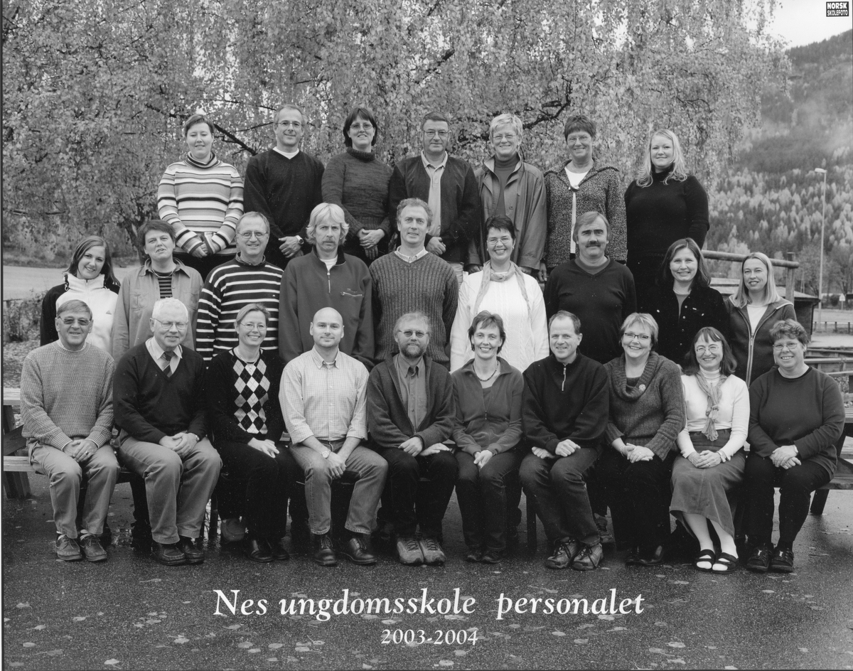 Gruppebilde
Personalet ved Nes ungsomsskole, 2003-2004.
Foran fra venstre Ole Sveggen, Olav Wexel Sveinsson, Eva Gullingsrud, Arild Rønsen, Stein Løvgaard, Solveig Hjallen, Petter Knudsen, Randi Gurandsrud, May Geelmeuyden og Gunn Vassfarmoen.2. rekke fra venstre: Gunn Elise Bringo, Kjersti Gunleiksrud, Vidar Lystad, Øystein Bergane, Geir Reime, Grete Eidsvoll, Svein Garnås, Hildur Heia og Anny Sundsdal.
Bakerste rekke fra venstre Beate Malstensbråten, Gudbrand Tandberg, Runa Kvannefoss, Oddbjørn Breivik, Vigdis Bakkerud, Aud Sveggen og Kristin Lystad.
