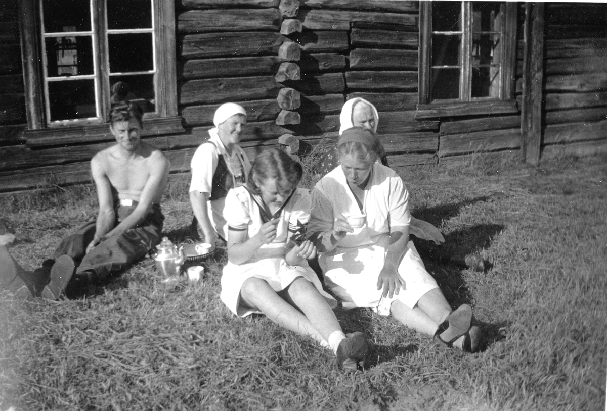 Slåttonn
Slåtten i 1941. Aud Myre foran t.v, Marie Grimsgård (Myre) bak til venstre, Barbro Grimsgård bak t.h., Gudrun Mæhlen (Dokken) foran til høyre. Foran "Smiu" på Myre.
