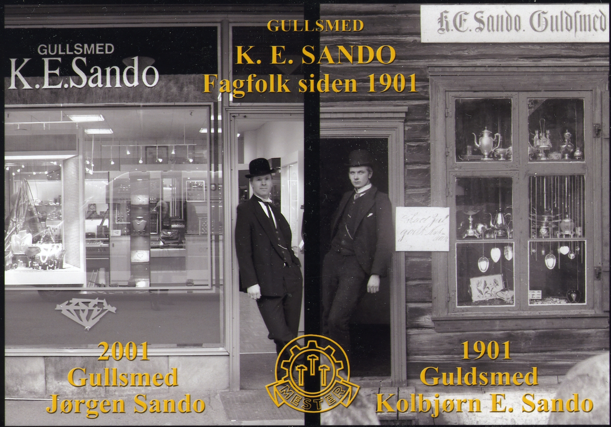 Forretning
Kolbjørn Sando i døra til Svenkerudgården til høyre i 1901 og Jørgen Sando i butikken på Rjukan i 2001.
