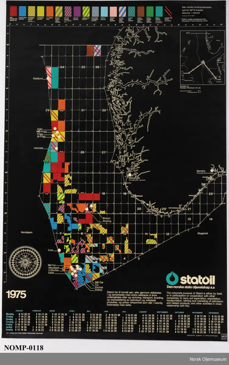 Kalender for året 1975 med kart over norsk kontinentalsokkel.
Blokker er markert med fargekoder for operatør.