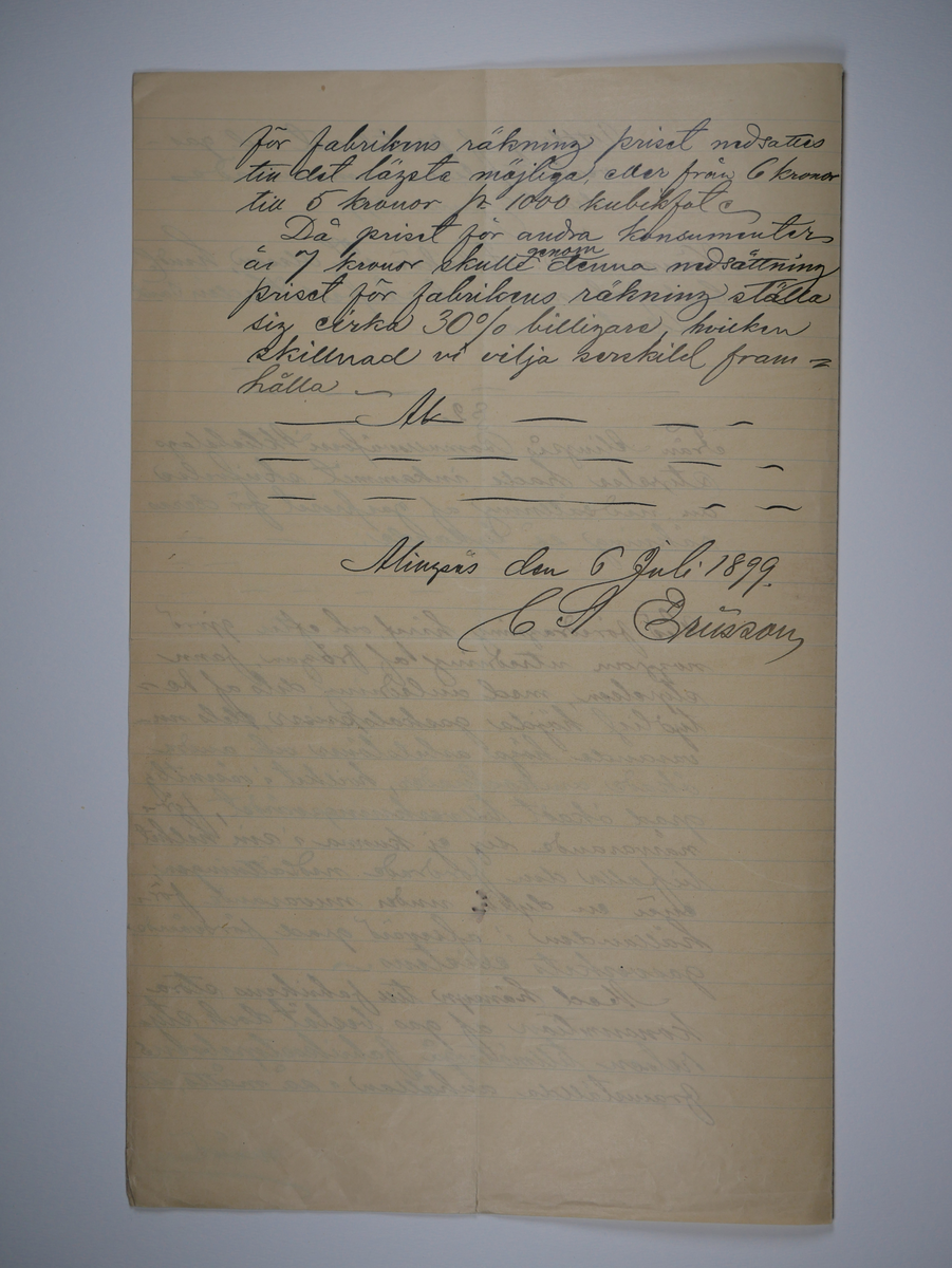 Alingsås Bomullsväveri AB

Blandade handlingar, dokument och protokollsavskrifter rörande ABV.
1898 - 1918.
Rör bland annat vattenledning, gas och elektricitet samt belysning i fabriken.

Handskrivna handlingar.

Gåva 1983-05 av Almedahls AB