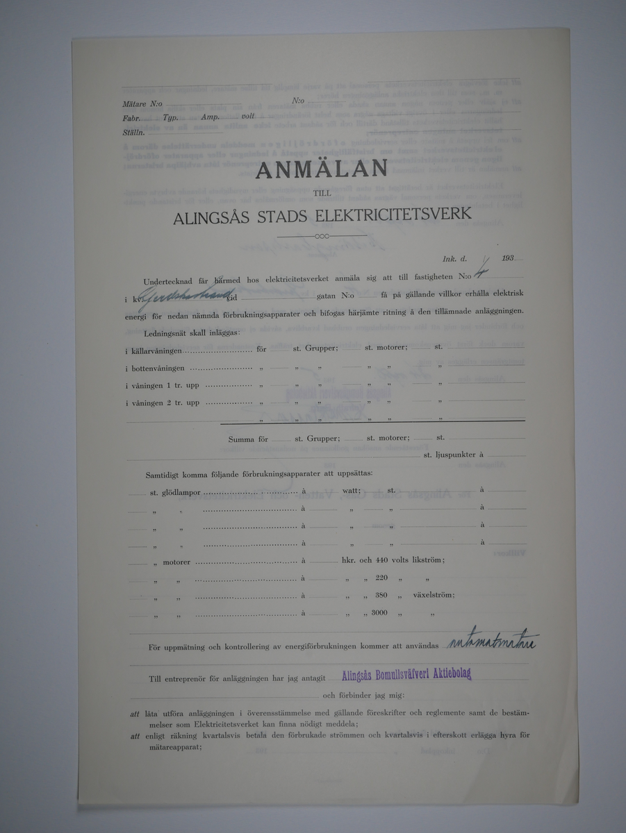 Alingsås Bomullsväveri AB

Bunt anmälningar till Alingsås stads elektricitetsverk, 1919 - 1938.

Gåva 1983-05 av Almedahls AB