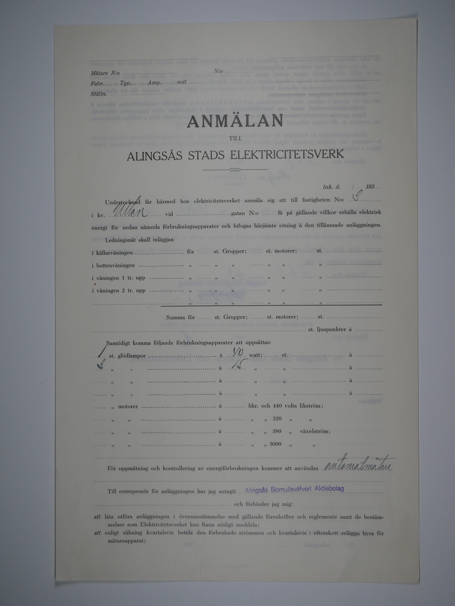 Alingsås Bomullsväveri AB

Bunt anmälningar till Alingsås stads elektricitetsverk, 1919 - 1938.

Gåva 1983-05 av Almedahls AB