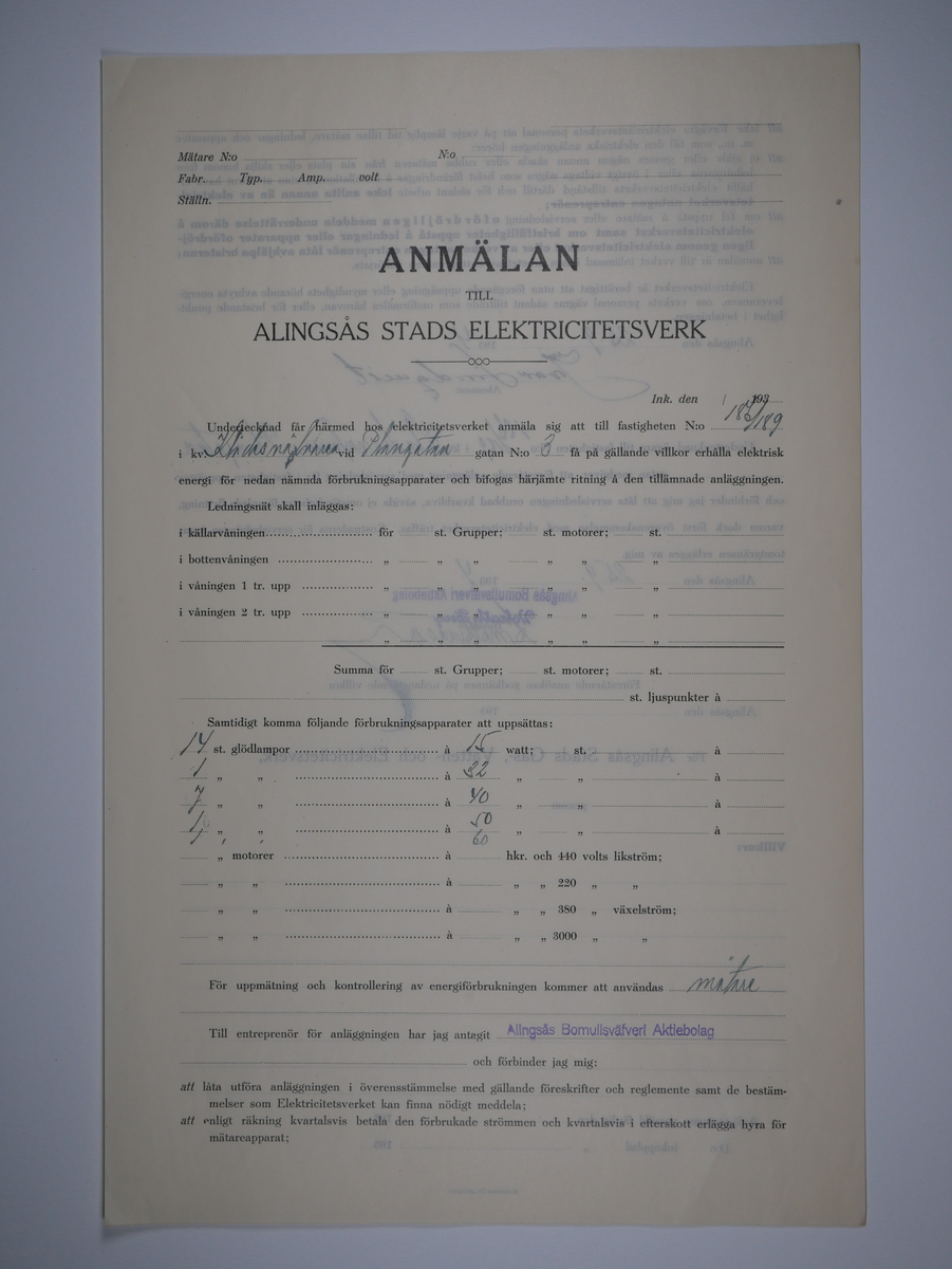 Alingsås Bomullsväveri AB

Bunt anmälningar till Alingsås stads elektricitetsverk, 1919 - 1938.

Gåva 1983-05 av Almedahls AB