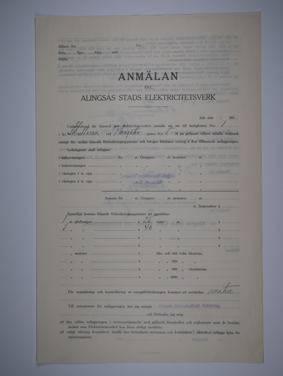 Alingsås Bomullsväveri AB

Bunt anmälningar till Alingsås stads elektricitetsverk, 1919 - 1938.

Gåva 1983-05 av Almedahls AB