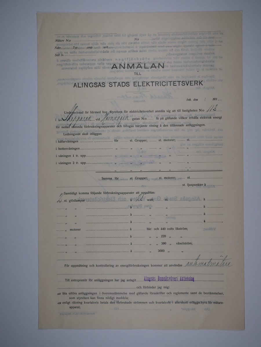 Alingsås Bomullsväveri AB

Bunt anmälningar till Alingsås stads elektricitetsverk, 1919 - 1938.

Gåva 1983-05 av Almedahls AB