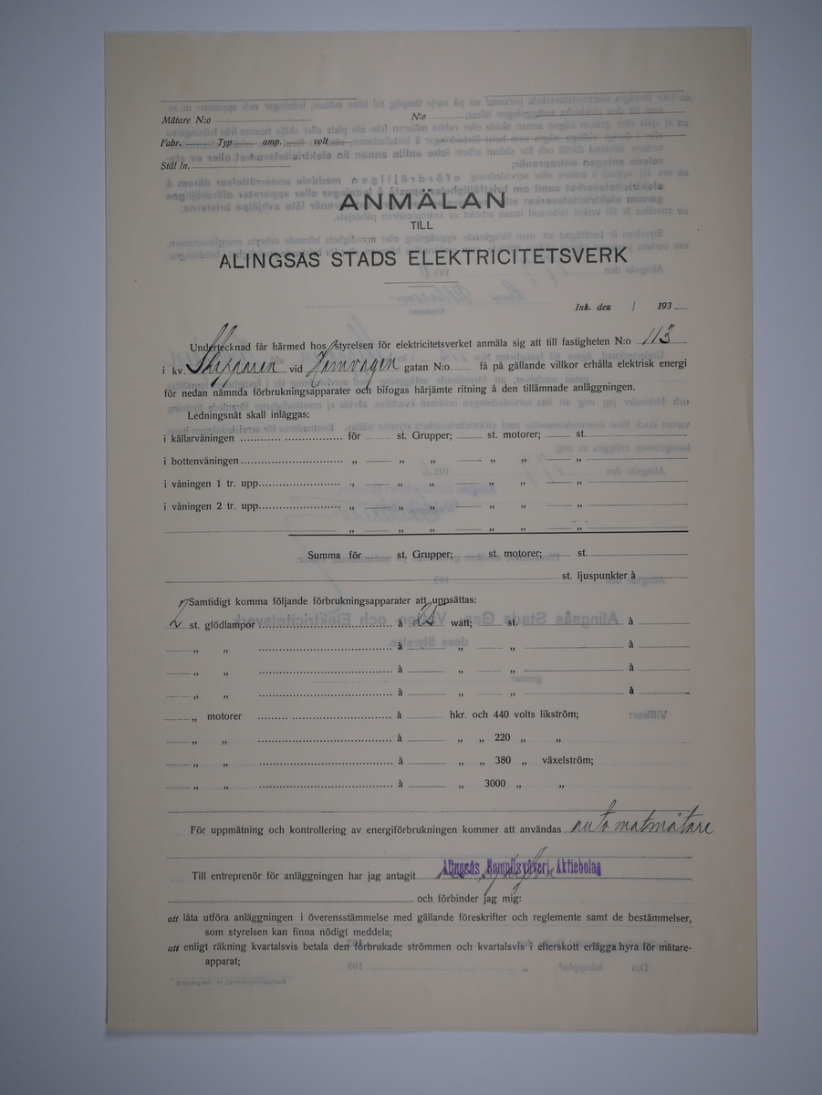 Alingsås Bomullsväveri AB

Bunt anmälningar till Alingsås stads elektricitetsverk, 1919 - 1938.

Gåva 1983-05 av Almedahls AB