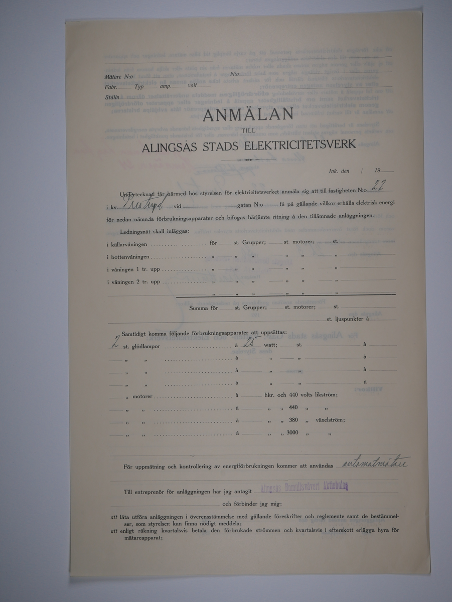 Alingsås Bomullsväveri AB

Bunt anmälningar till Alingsås stads elektricitetsverk, 1919 - 1938.

Gåva 1983-05 av Almedahls AB