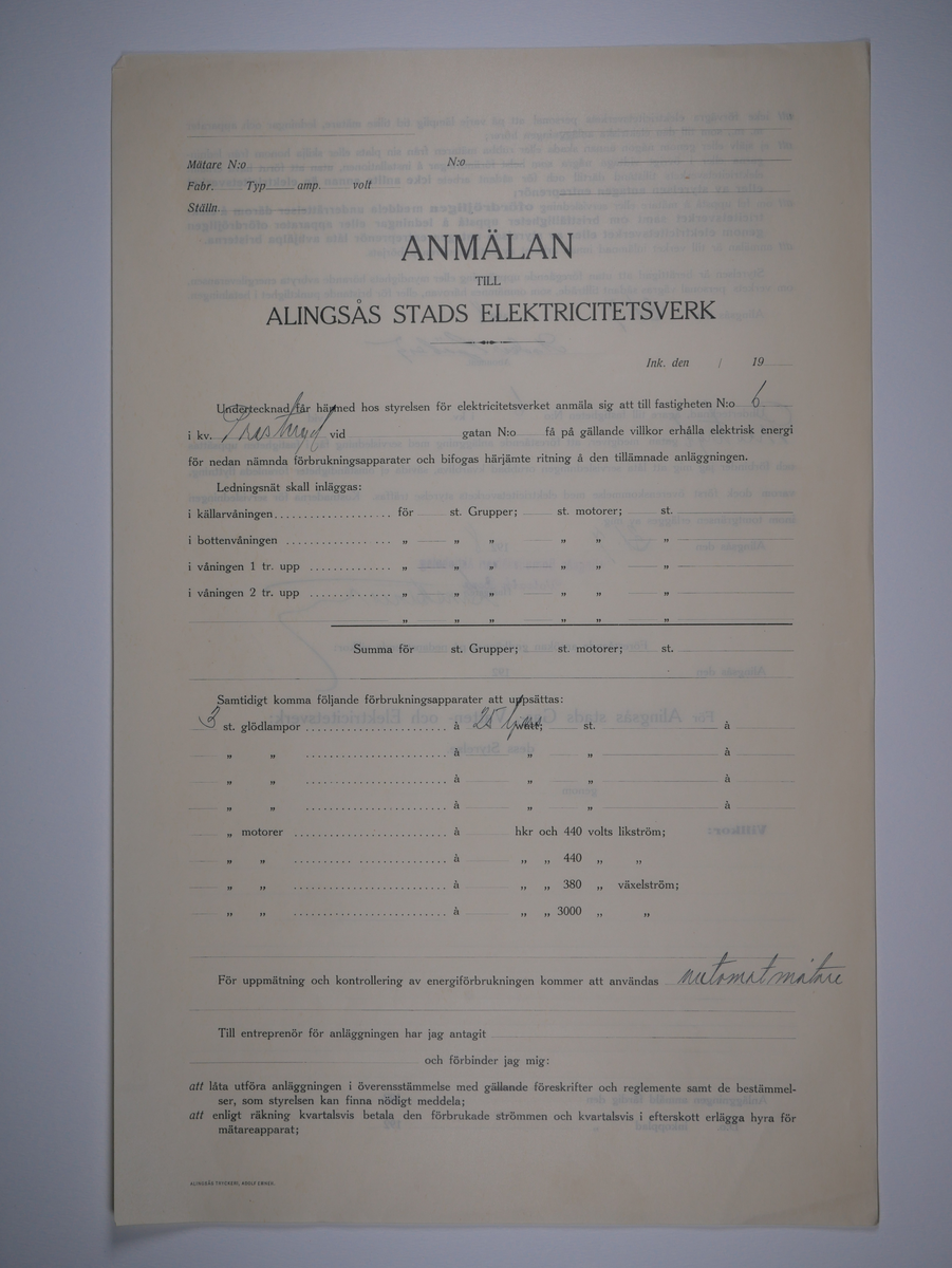 Alingsås Bomullsväveri AB

Bunt anmälningar till Alingsås stads elektricitetsverk, 1919 - 1938.

Gåva 1983-05 av Almedahls AB