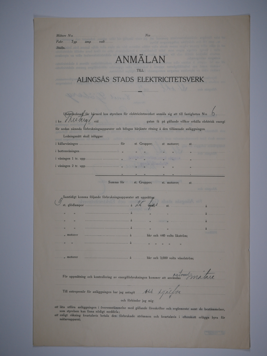 Alingsås Bomullsväveri AB

Bunt anmälningar till Alingsås stads elektricitetsverk, 1919 - 1938.

Gåva 1983-05 av Almedahls AB