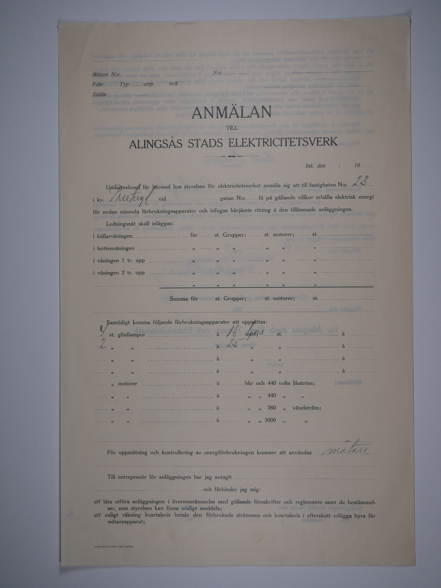 Alingsås Bomullsväveri AB

Bunt anmälningar till Alingsås stads elektricitetsverk, 1919 - 1938.

Gåva 1983-05 av Almedahls AB