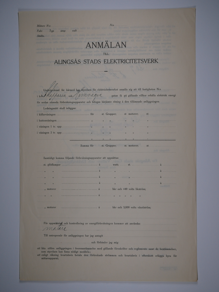 Alingsås Bomullsväveri AB

Bunt anmälningar till Alingsås stads elektricitetsverk, 1919 - 1938.

Gåva 1983-05 av Almedahls AB