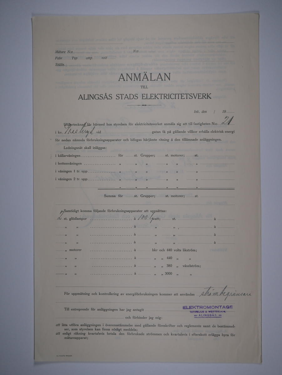 Alingsås Bomullsväveri AB

Bunt anmälningar till Alingsås stads elektricitetsverk, 1919 - 1938.

Gåva 1983-05 av Almedahls AB