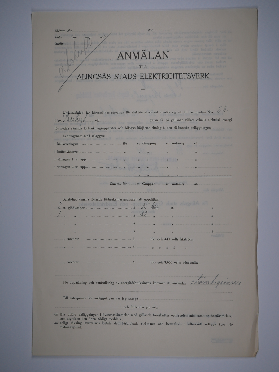 Alingsås Bomullsväveri AB

Bunt anmälningar till Alingsås stads elektricitetsverk, 1919 - 1938.

Gåva 1983-05 av Almedahls AB