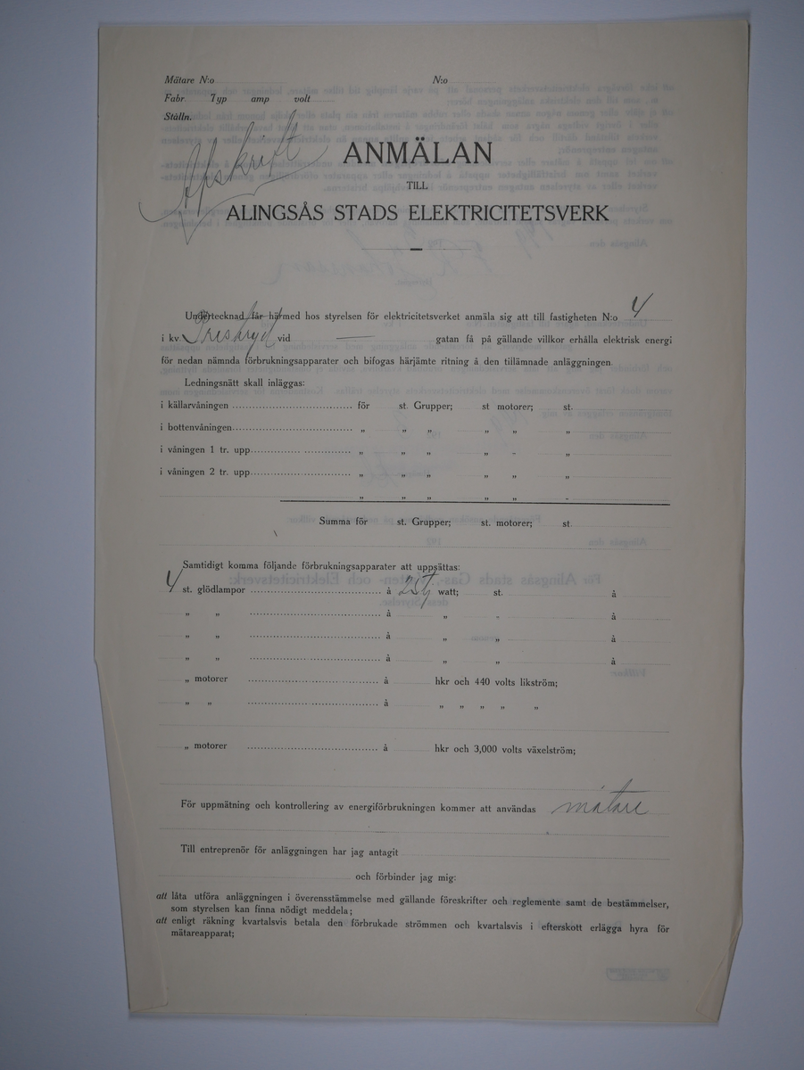 Alingsås Bomullsväveri AB

Bunt anmälningar till Alingsås stads elektricitetsverk, 1919 - 1938.

Gåva 1983-05 av Almedahls AB