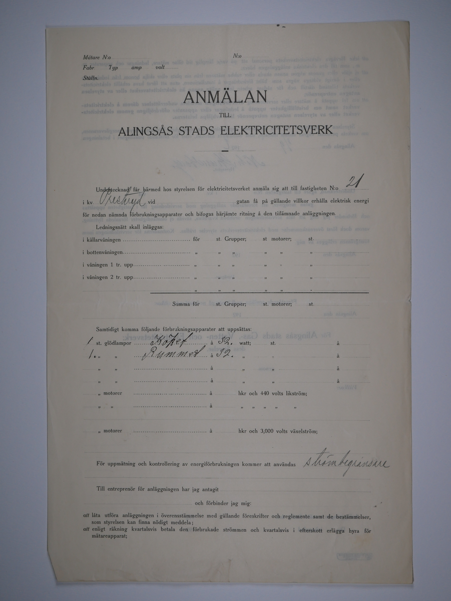 Alingsås Bomullsväveri AB

Bunt anmälningar till Alingsås stads elektricitetsverk, 1919 - 1938.

Gåva 1983-05 av Almedahls AB