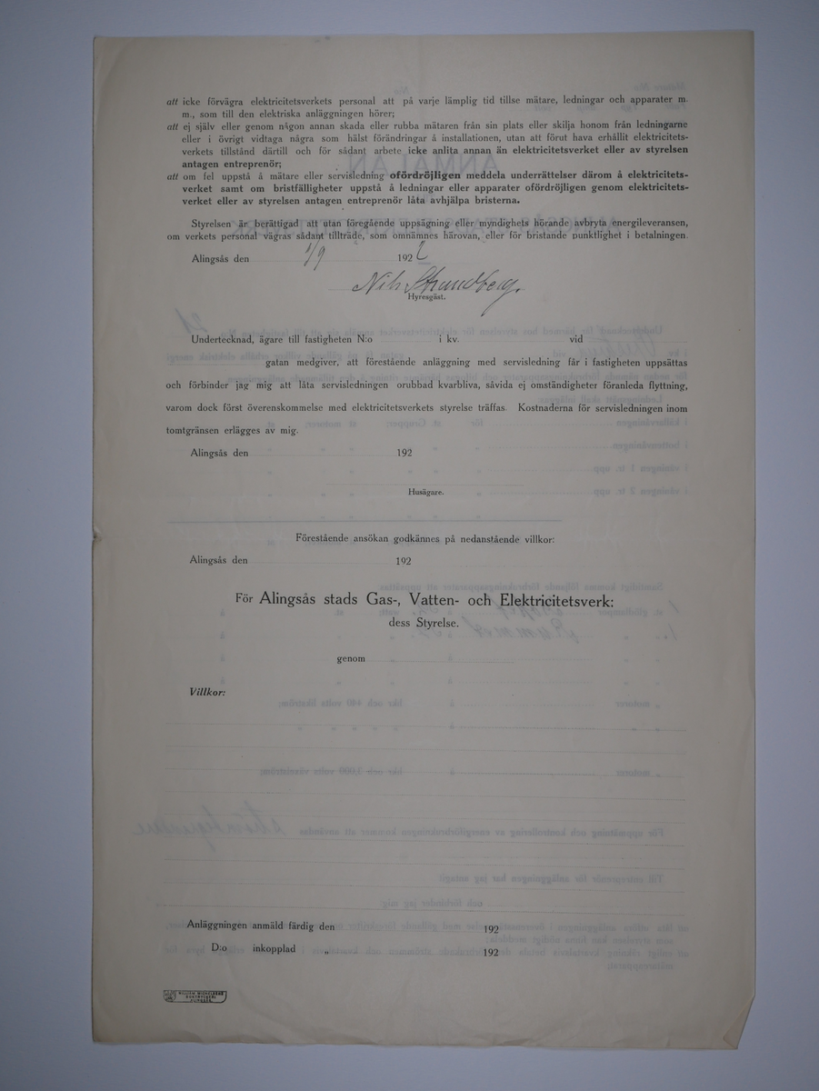 Alingsås Bomullsväveri AB

Bunt anmälningar till Alingsås stads elektricitetsverk, 1919 - 1938.

Gåva 1983-05 av Almedahls AB