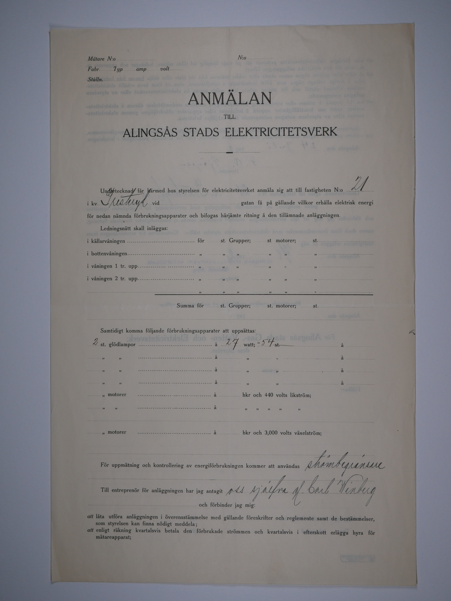 Alingsås Bomullsväveri AB

Bunt anmälningar till Alingsås stads elektricitetsverk, 1919 - 1938.

Gåva 1983-05 av Almedahls AB