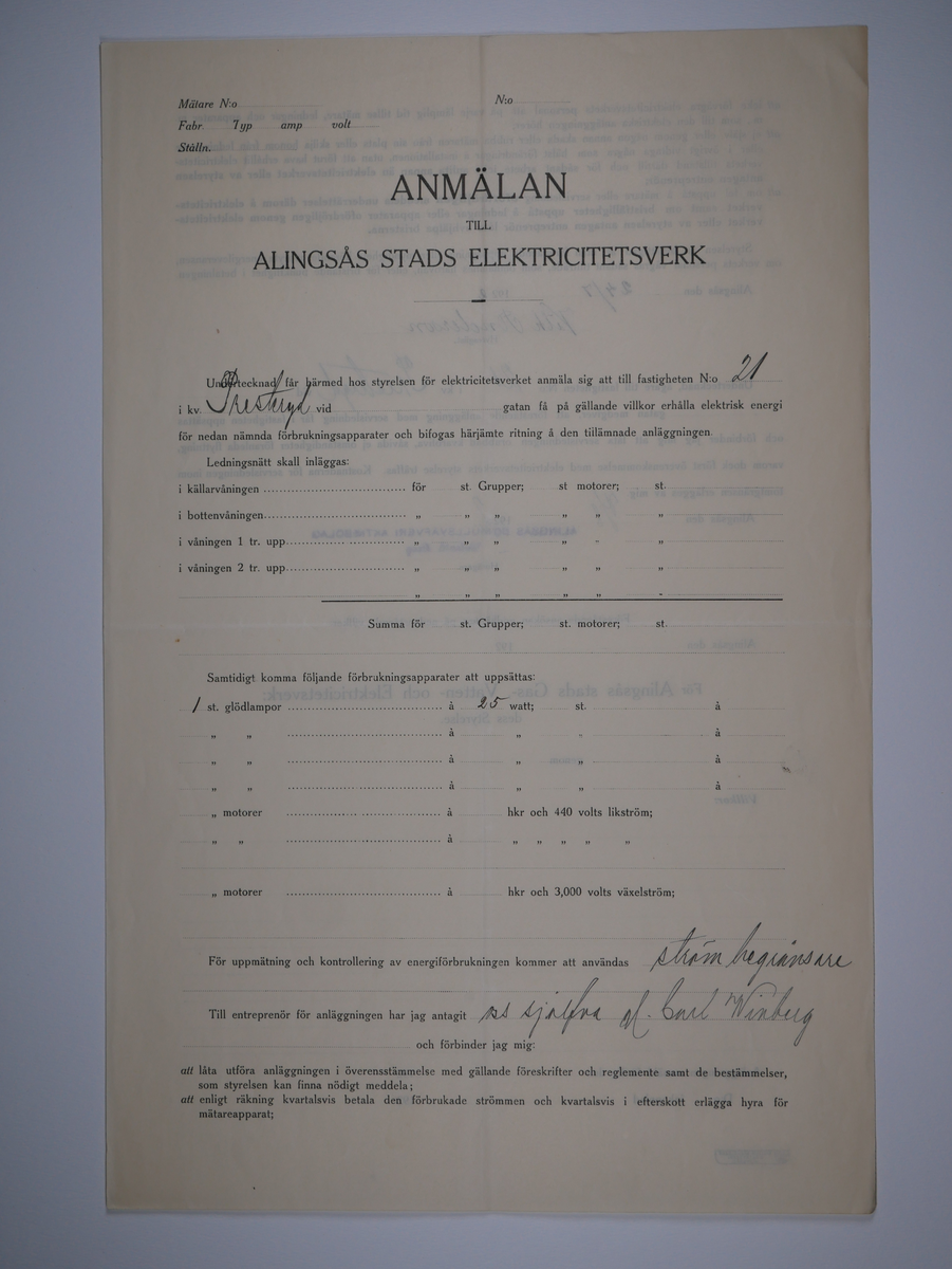 Alingsås Bomullsväveri AB

Bunt anmälningar till Alingsås stads elektricitetsverk, 1919 - 1938.

Gåva 1983-05 av Almedahls AB