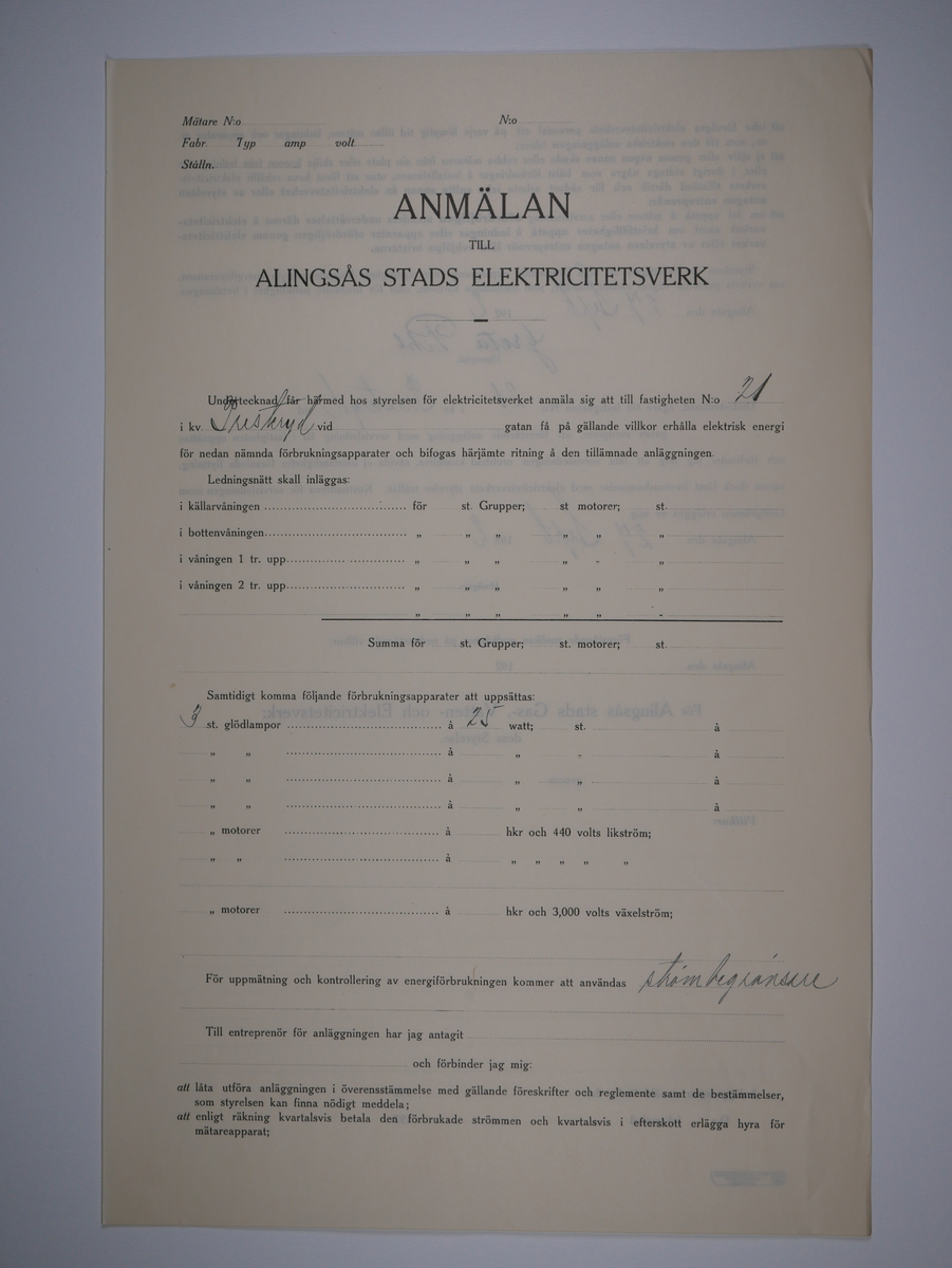 Alingsås Bomullsväveri AB

Bunt anmälningar till Alingsås stads elektricitetsverk, 1919 - 1938.

Gåva 1983-05 av Almedahls AB