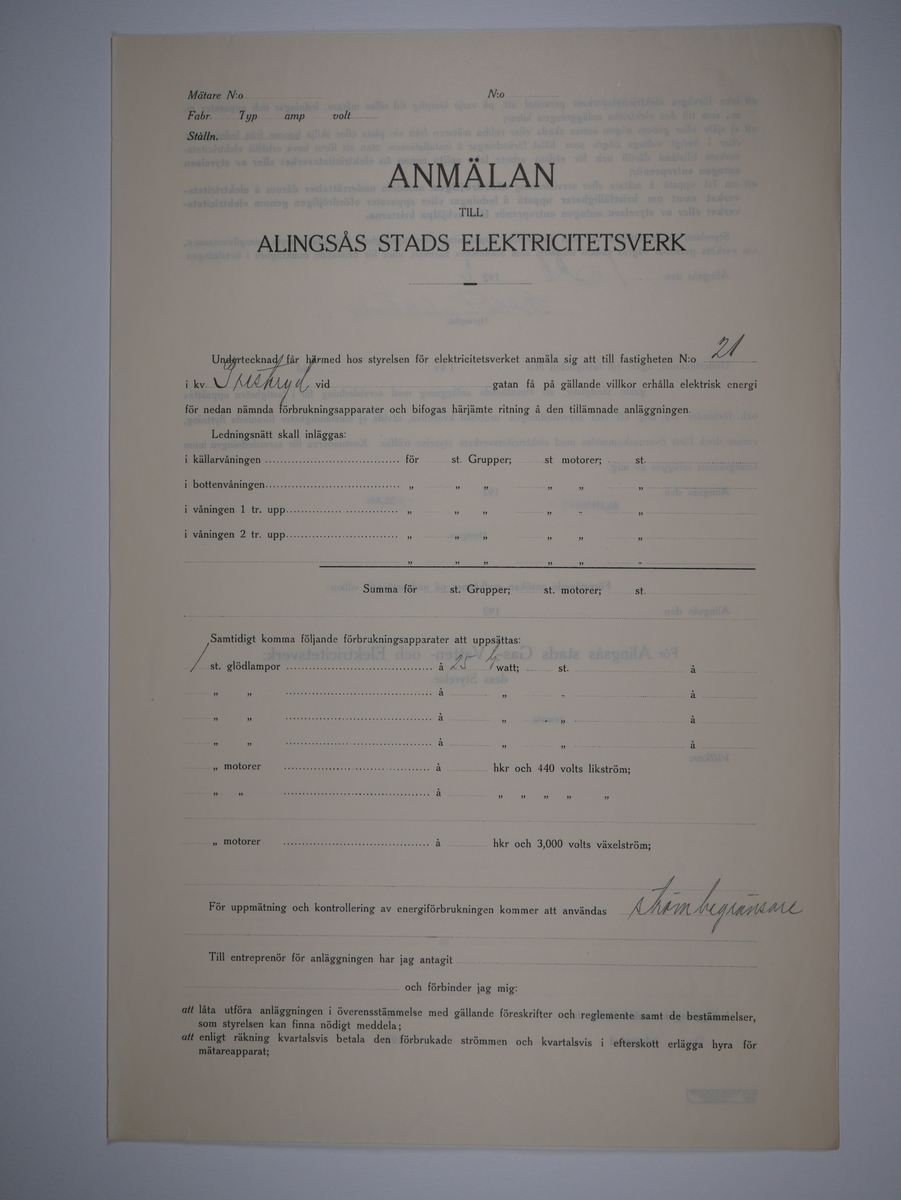 Alingsås Bomullsväveri AB

Bunt anmälningar till Alingsås stads elektricitetsverk, 1919 - 1938.

Gåva 1983-05 av Almedahls AB