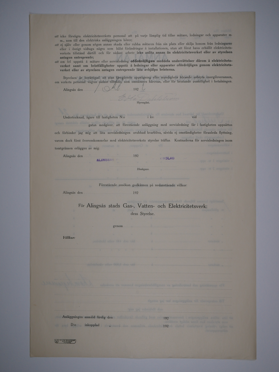 Alingsås Bomullsväveri AB

Bunt anmälningar till Alingsås stads elektricitetsverk, 1919 - 1938.

Gåva 1983-05 av Almedahls AB