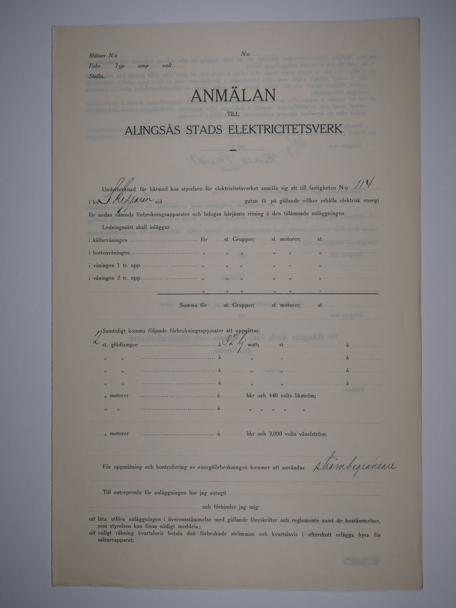 Alingsås Bomullsväveri AB

Bunt anmälningar till Alingsås stads elektricitetsverk, 1919 - 1938.

Gåva 1983-05 av Almedahls AB