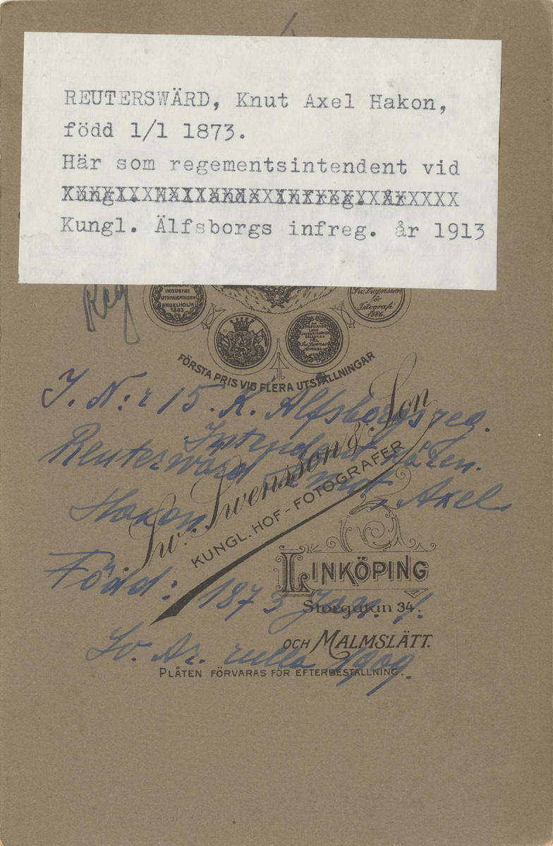 Porträtt av Knut Axel Hakon Reuterswärd, regementsintendent vid Älvsborgs regemente I 15.