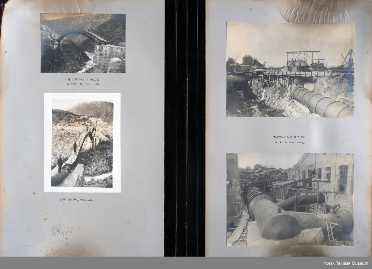 Fotoalbum med fotografier av rørganger, turbiner, skovler mm produsert ved Myrens verksted. 

