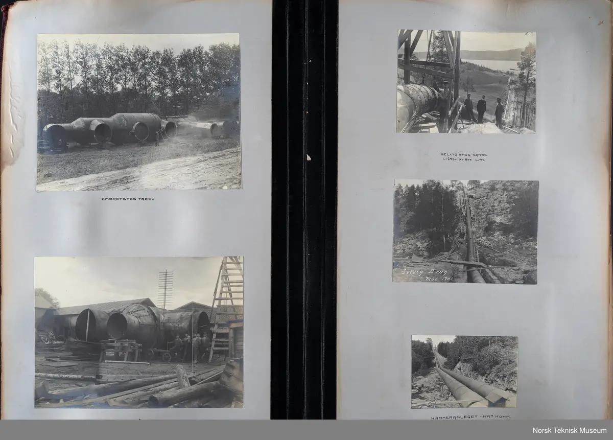 Fotoalbum med fotografier av rørganger, turbiner, skovler mm produsert ved Myrens verksted. 
