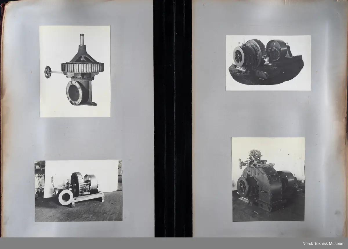Fotoalbum med fotografier av rørganger, turbiner, skovler mm produsert ved Myrens verksted. 
