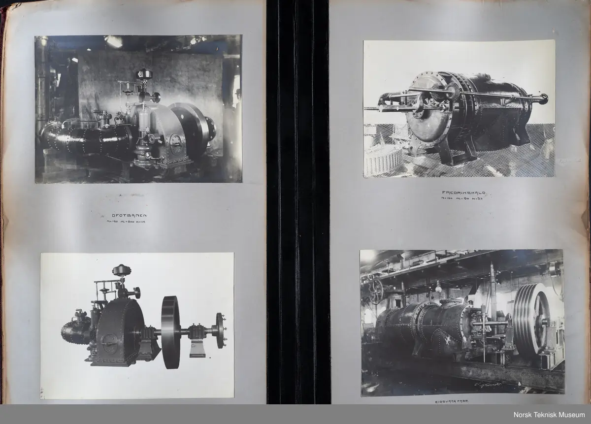 Fotoalbum med fotografier av rørganger, turbiner, skovler mm produsert ved Myrens verksted. 
