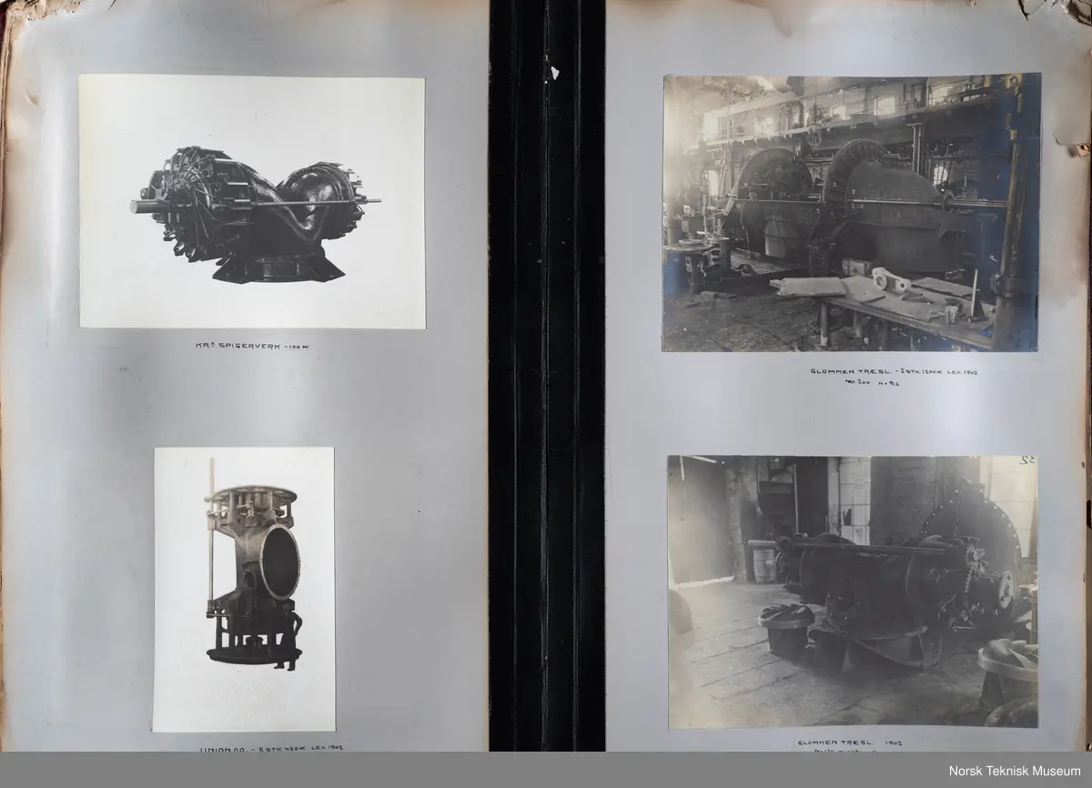 Fotoalbum med fotografier av rørganger, turbiner, skovler mm produsert ved Myrens verksted. 
