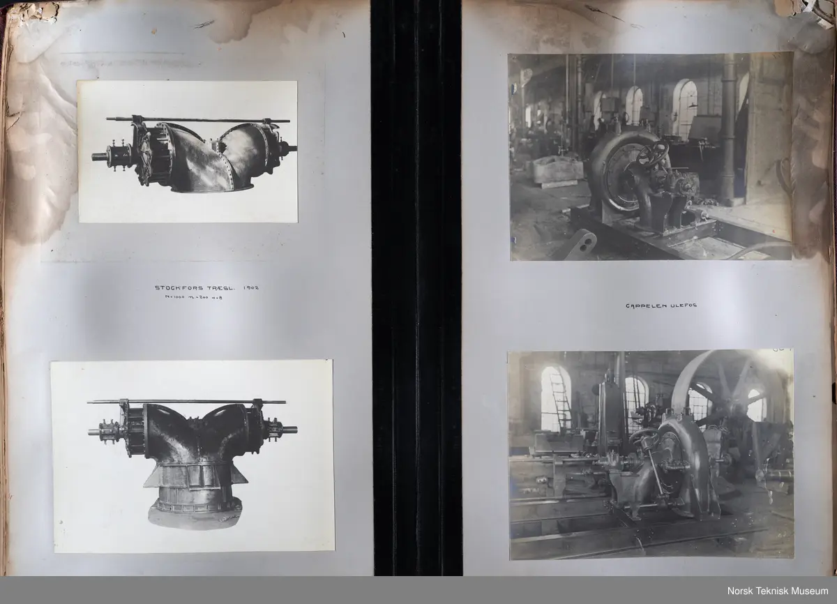 Fotoalbum med fotografier av rørganger, turbiner, skovler mm produsert ved Myrens verksted. 
