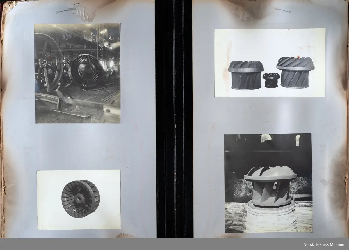 Fotoalbum med fotografier av rørganger, turbiner, skovler mm produsert ved Myrens verksted. 
