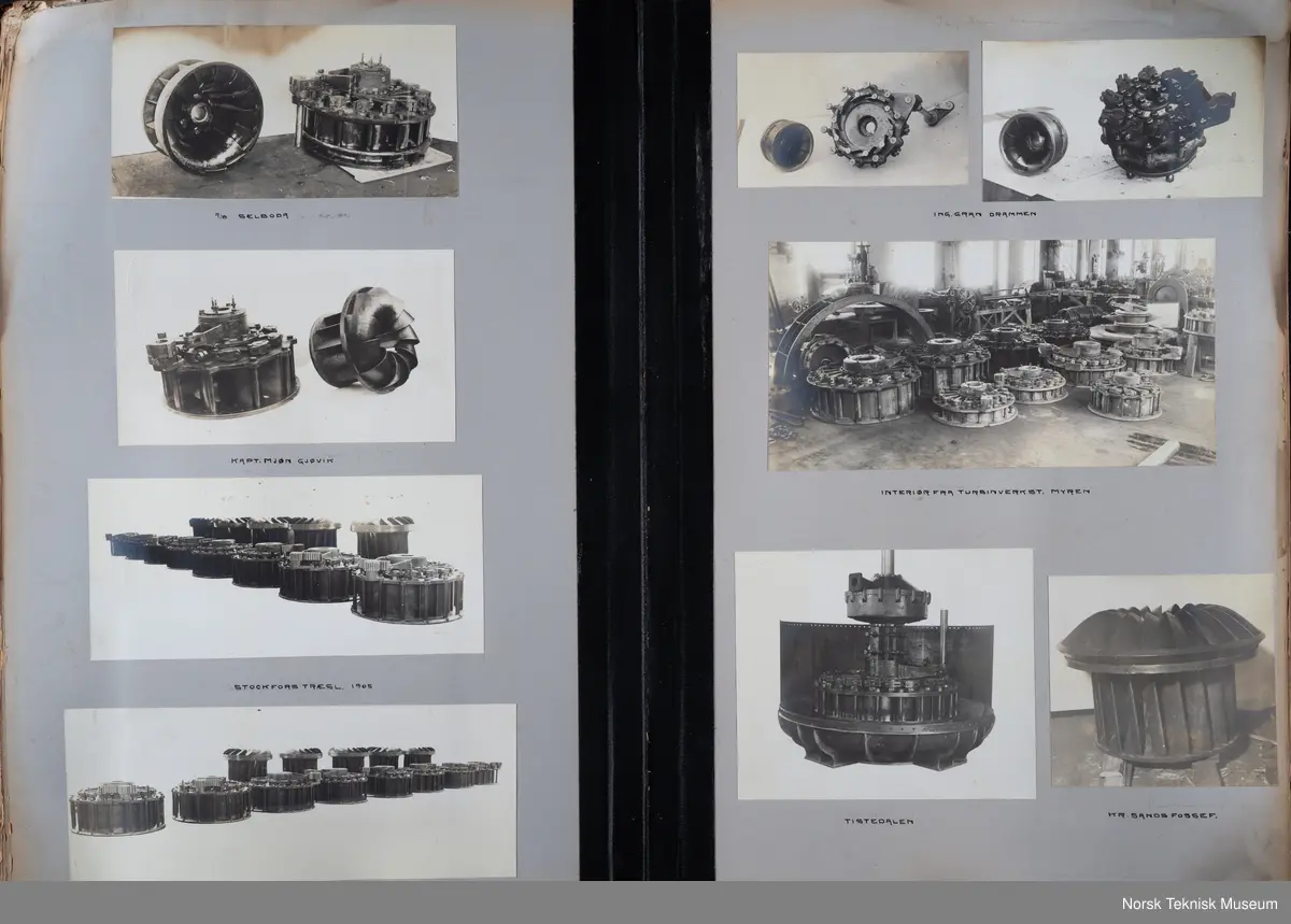 Fotoalbum med fotografier av rørganger, turbiner, skovler mm produsert ved Myrens verksted. 

