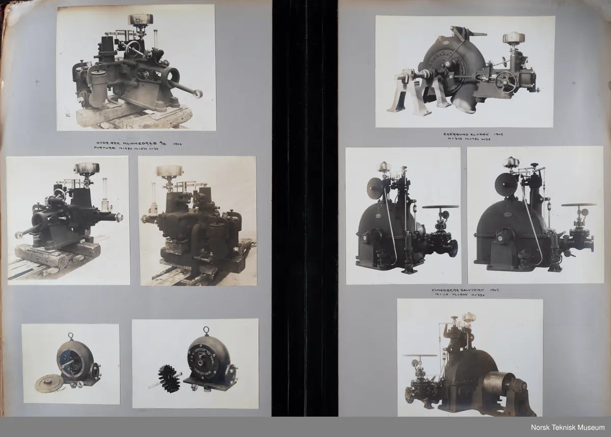 Fotoalbum med fotografier av rørganger, turbiner, skovler mm produsert ved Myrens verksted. 
