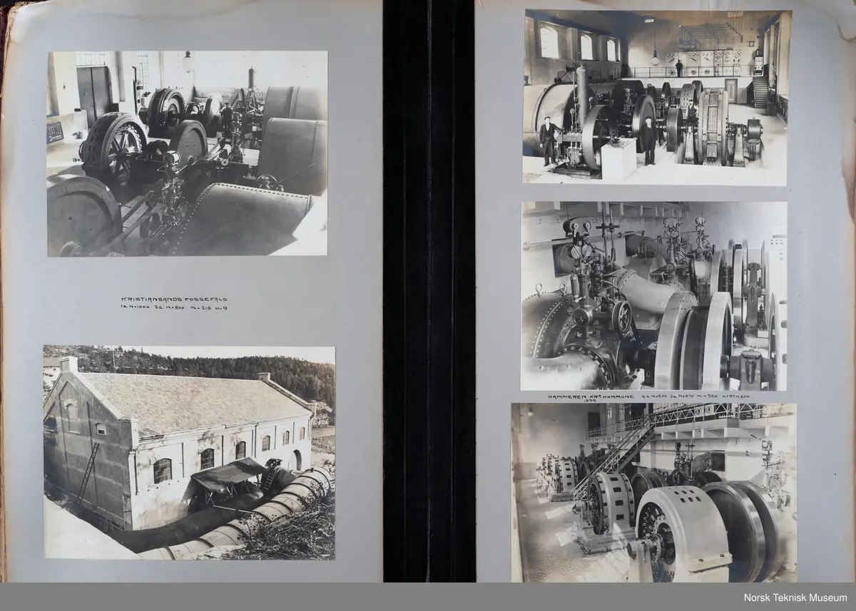 Fotoalbum med fotografier av rørganger, turbiner, skovler mm produsert ved Myrens verksted. 

