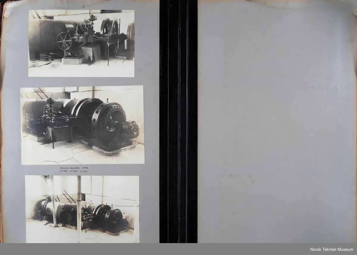 Fotoalbum med fotografier av rørganger, turbiner, skovler mm produsert ved Myrens verksted. 
