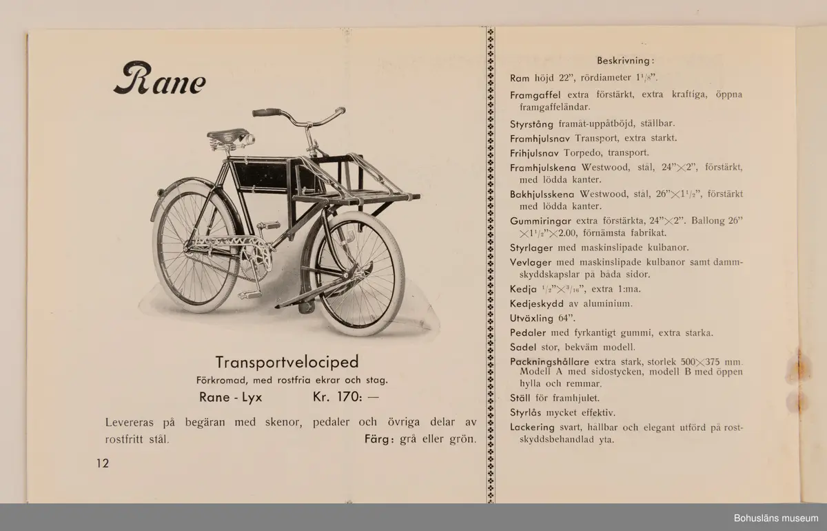 Reklamblad för cykelmärket Rane. Tillverkad i Uddevalla av Läckström & Widegren.