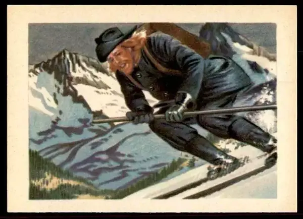 Trykk, bilde på ski ned bratt fjellside med mørke klær, hatt og sekk på ryggen. Smilende mann med skjegg og langt, lyst hår, med bøyde knær og en stav i hånden