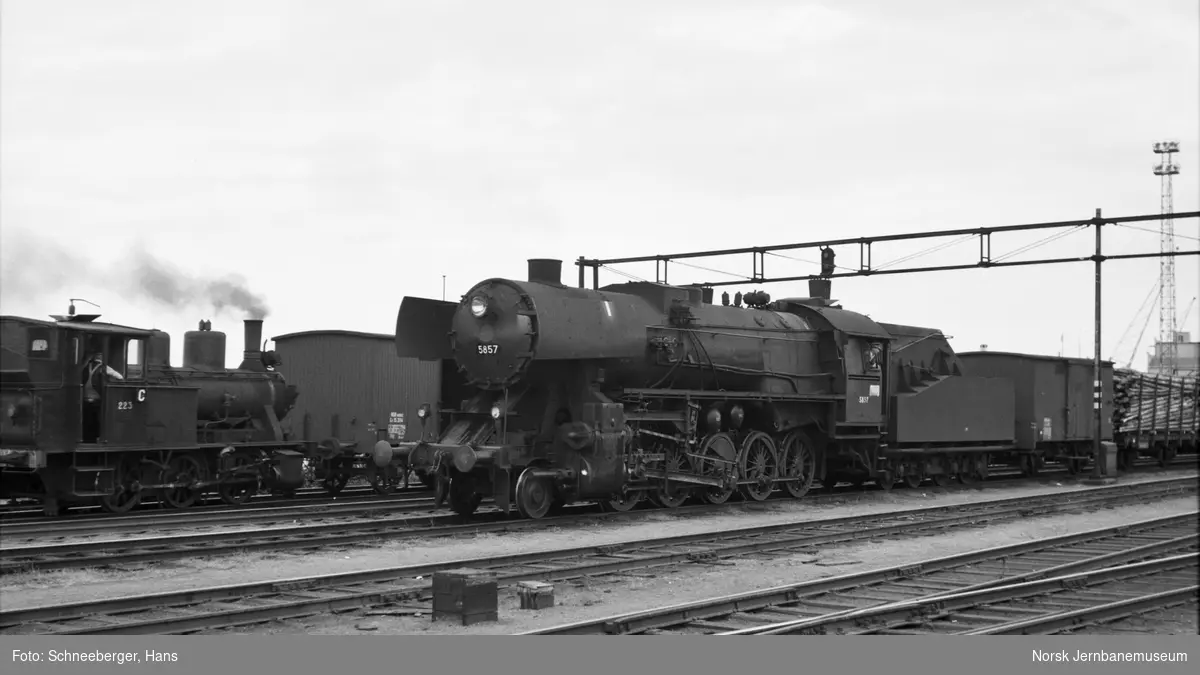 Damplokomotiv type 63a nr. 5857 med godstog på Trondheim stasjon. Bak til venstre damplokomotiv type 25a nr. 223