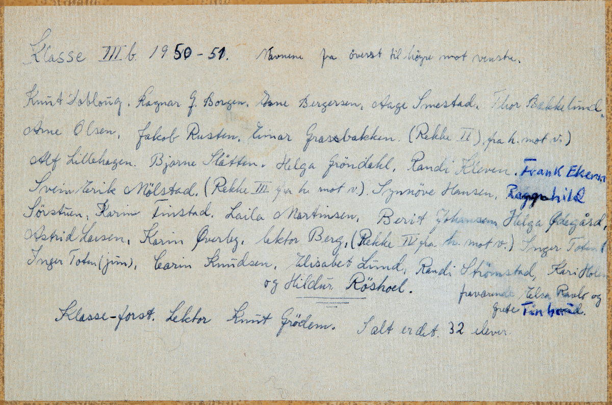 Klassebilde av klasse 3B 1950-51 ved Hamar Katedralskole.
Navn fra øverst til høyre, mot venstre: Knut Dobloug, Ragnar J. Borgen, Arne Bergersen, Aage Smestad, Thor Bekkelund, Arne Olsen, Jakob Rusten, Einar Grasbakken.
Rekke to fra høyre: Alf Lillehagen, Bjarne Slåtten, Helga Grøndahl, Randi Kleven, Frank Ekern, Svein Erik Mølstad.
Rekke tre fra høyre: Synøve Hansen, Ragnhild Sørstuen, Karin Finstad, Laila Martinsen, Berit Johansen, Helga Ødegård, Astrid Larsen, Karin Øverby, Lektor Berg.
Rekke 4, nærmest, fra høyre: Inger ??, Inger Toten??, ?? Knudsen, Elisabet Lund, Randi Strømstad, Karin Holen og Hildur Røshoel.