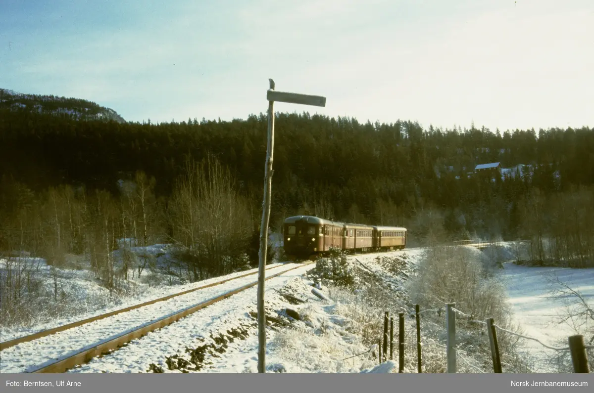 Dieselmotorvognsett type 86 med persontog ved Kjomme holdeplass på Numedalsbanen