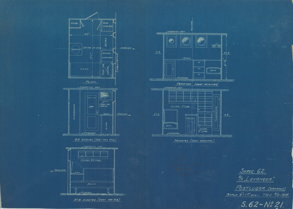 Blåkopi av tegning som viser plan og innredning av postkontoret på D/S Levanger.