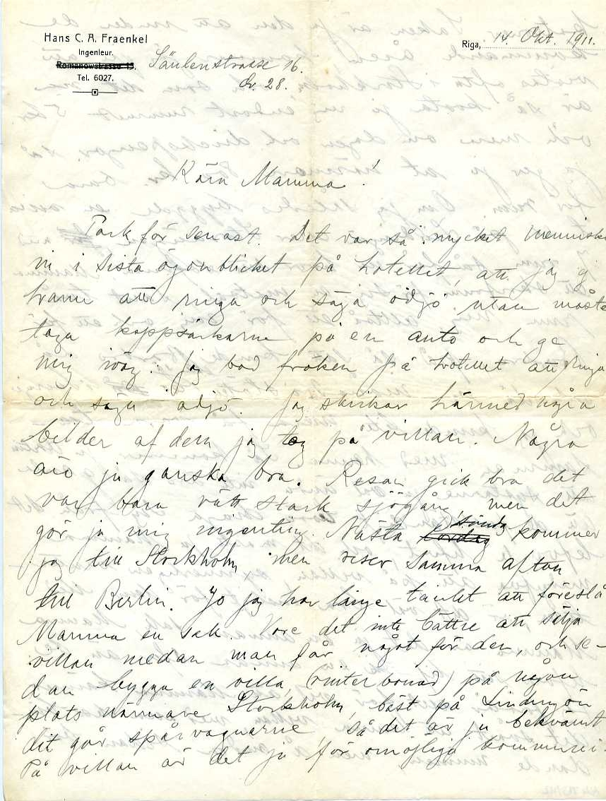 Brevpapper märkt: "Hans C. A. Fraenkel Ingenieur. Romanowstrasse 15. Tel. 6027." Gatuadresse är överstruken och ersatt med "Säulenstrasse 16".