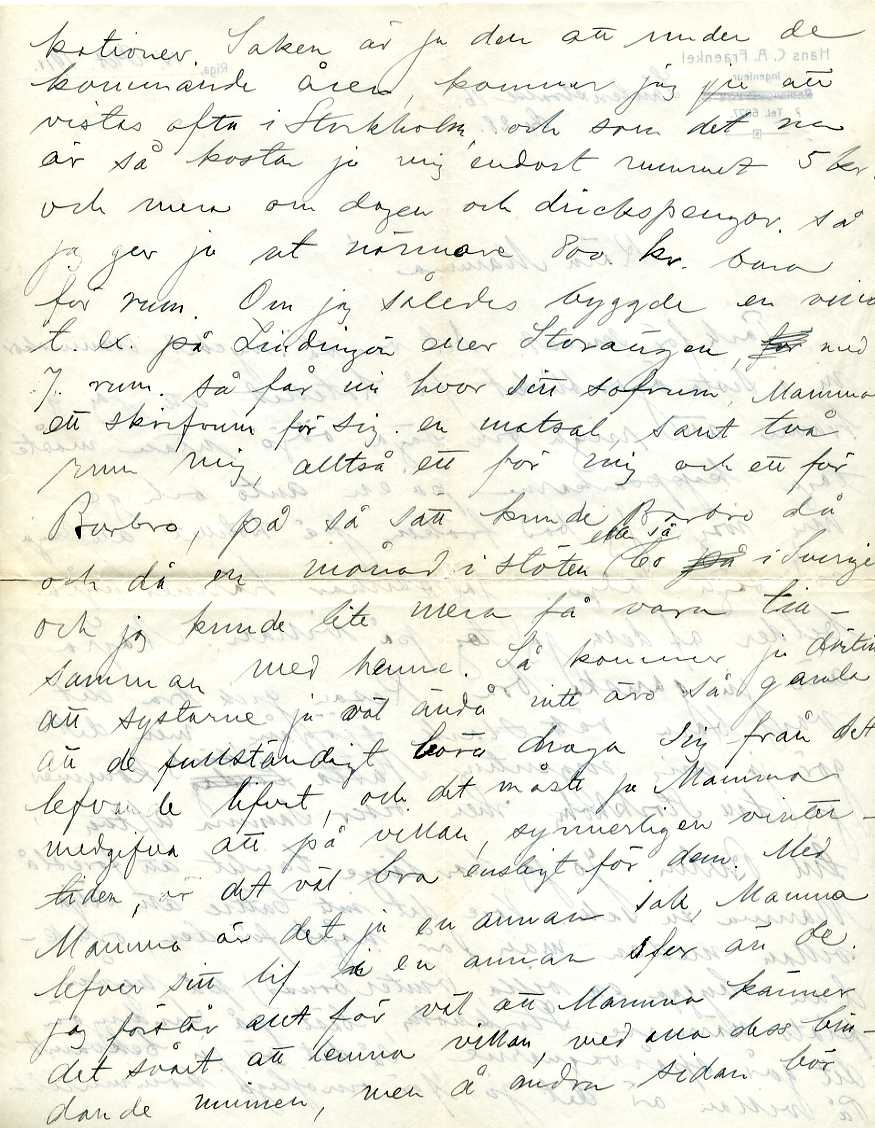 Brevpapper märkt: "Hans C. A. Fraenkel Ingenieur. Romanowstrasse 15. Tel. 6027." Gatuadresse är överstruken och ersatt med "Säulenstrasse 16".